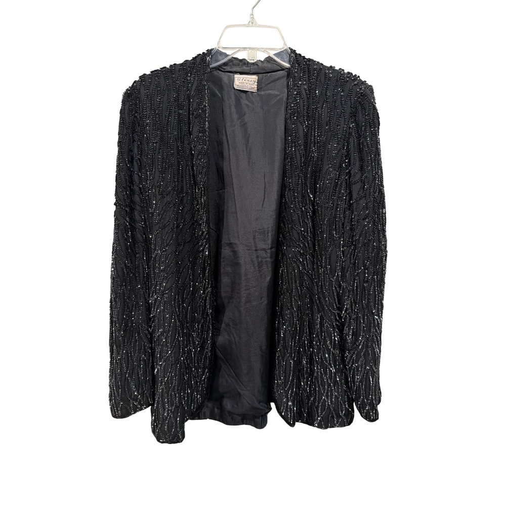 Stenay Jacket Black Silk Sequin Beaded Vintage Open Front Evening Cardigan Glam